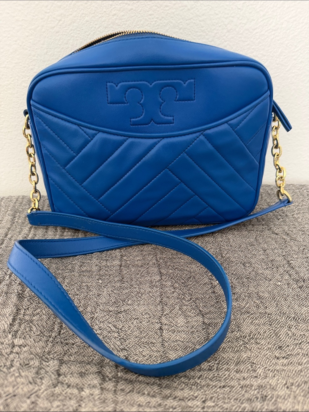Tory Burch Cobalt Blue Quilted Camera Crossbody with Gold Chain